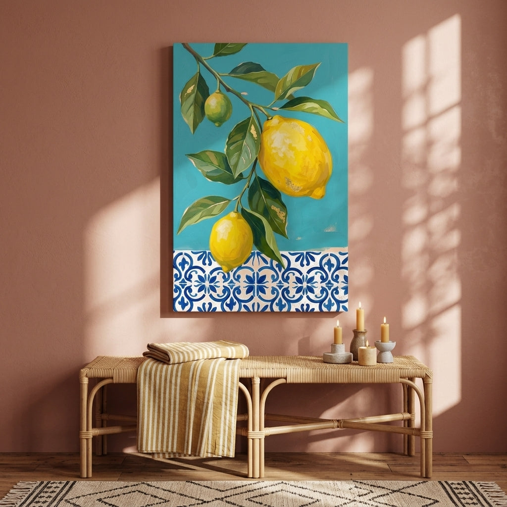 Quadro con motivo di limoni in un soggiorno moderno – mockup d'interni, Papilora.