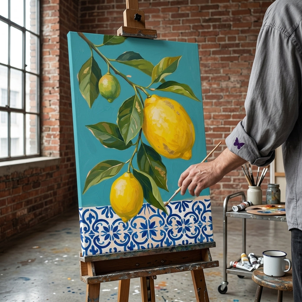 Quadro con motivo di limoni in un interno elegante – mockup d'interni, Papilora.