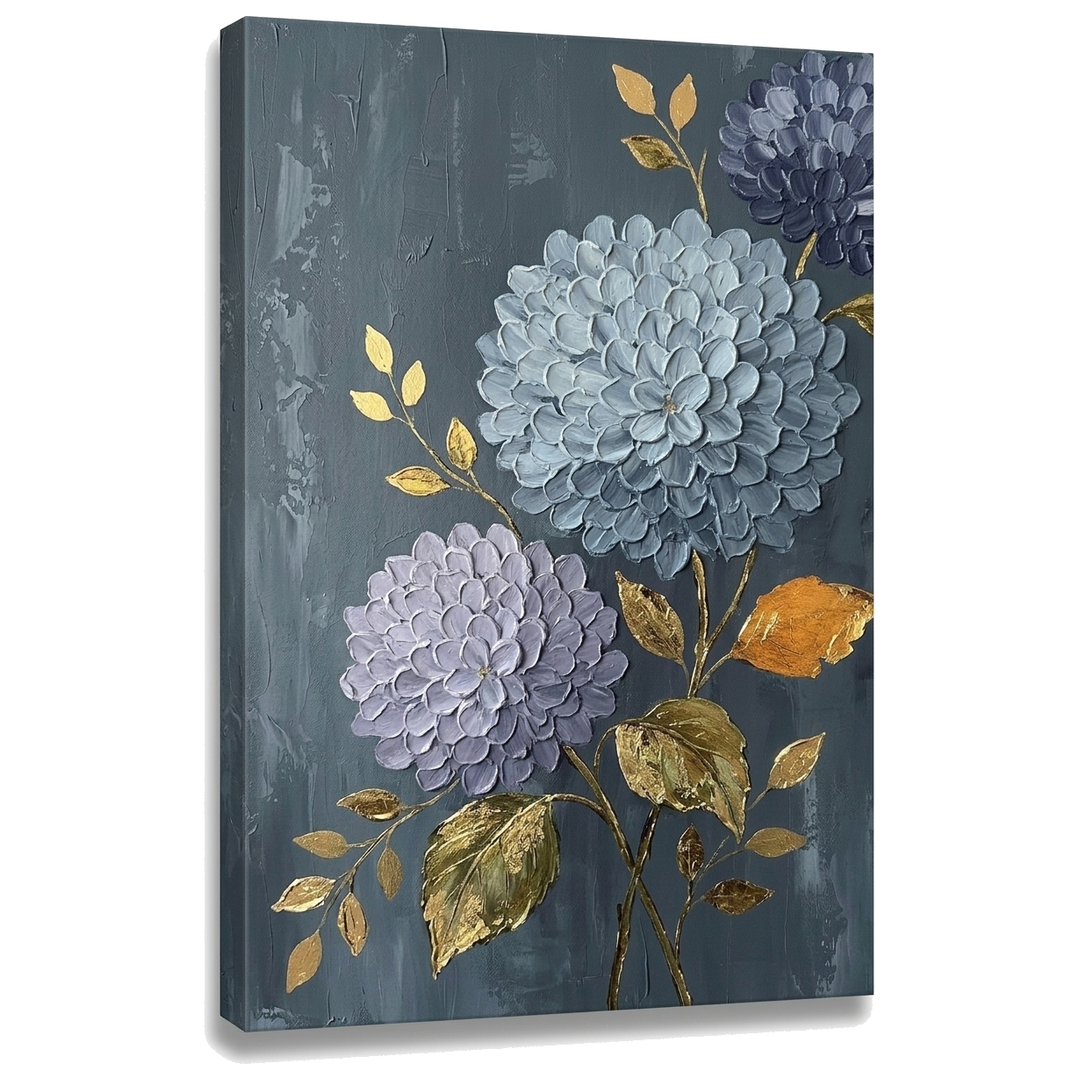 Quadro con ortensie su tela, visualizzazione 3D del telaio in legno massiccio, arte premium di Papilora.