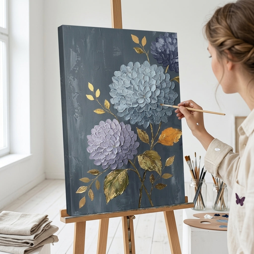 Artista nel laboratorio Papilora accanto a un cavalletto con un quadro di ortensie in fase di rifinitura.
