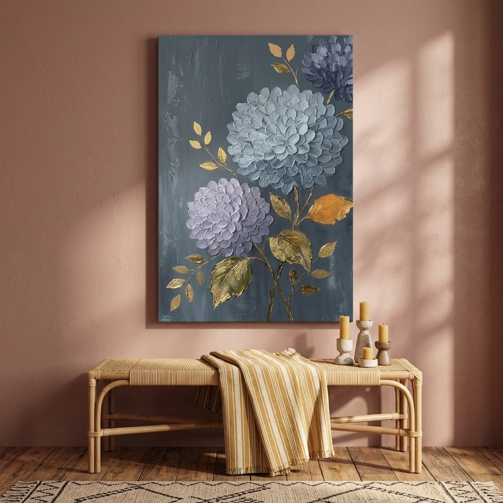 Quadro con ortensie appeso in un moderno soggiorno di design, sopra una console in legno con vaso e candela.