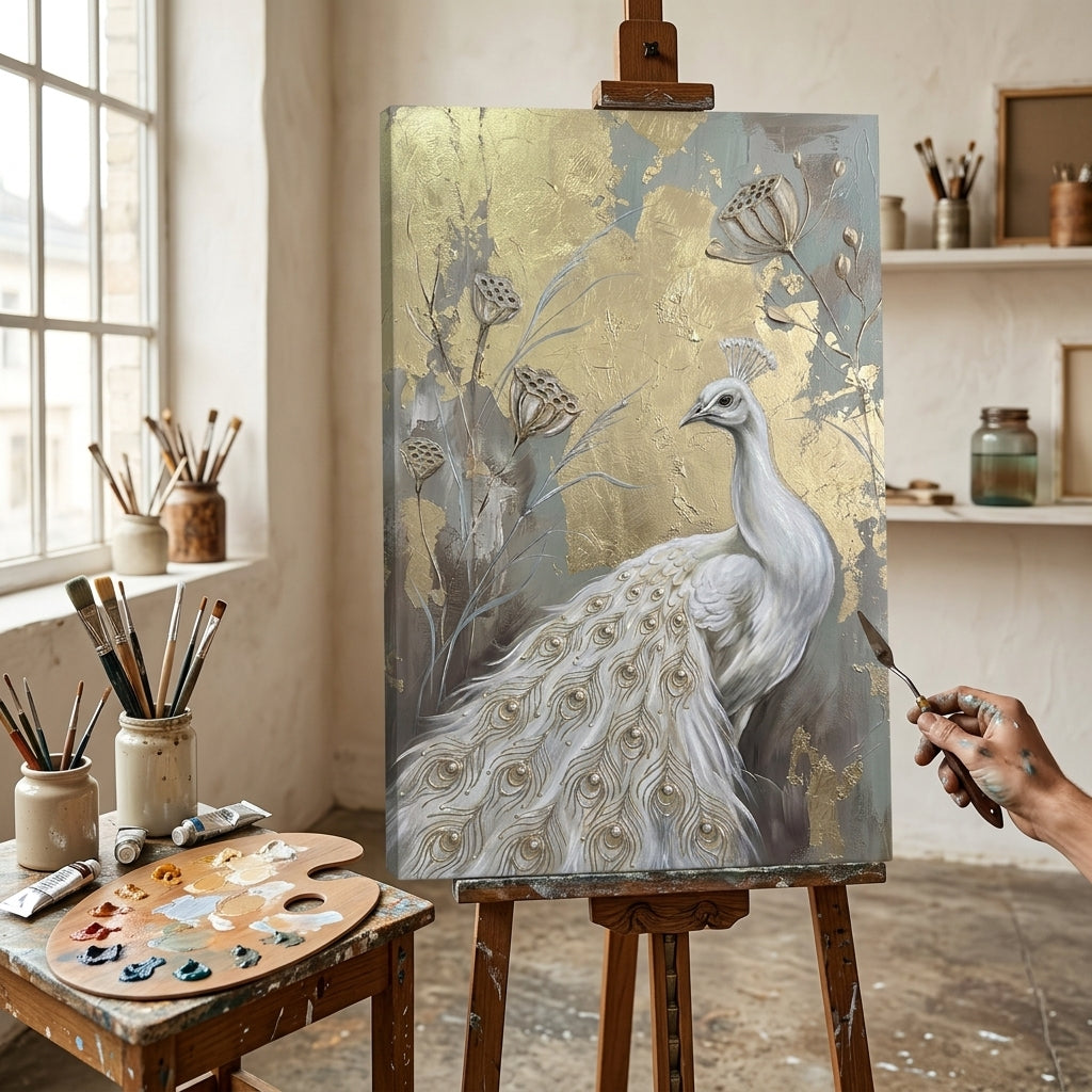 Artista nel laboratorio Papilora al lavoro sul quadro con pavone bianco, illuminato da luce naturale.