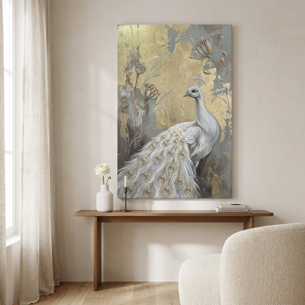 Quadro moderno con pavone bianco appeso in un soggiorno elegante, sopra una console in legno con decorazioni.