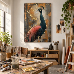 Artista al lavoro nel laboratorio Papilora mentre rifinisce a mano un quadro con pavone usando colori acrilici e luce naturale.
