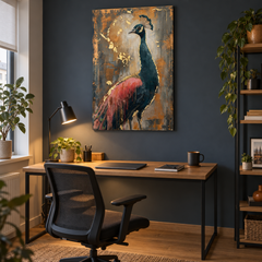 Elegante quadro con pavone appeso in un soggiorno moderno, sopra una console in legno con decorazioni, design d'interni raffinato.