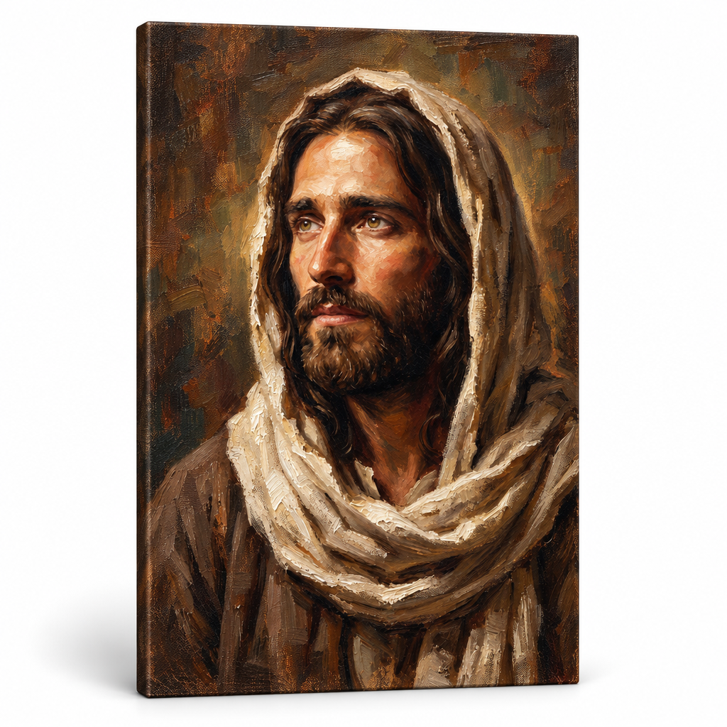 Ritratto di Gesù Cristo su tela con dettagli materici 3D, sguardo profondo e finitura artigianale di alta qualità firmata Papilora.