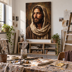 Dettaglio della lavorazione a mano in atelier: artista che rifinisce il ritratto di Gesù con colori acrilici e pennellate materiche.