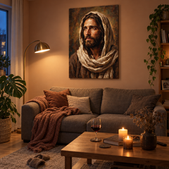 Quadro spirituale di Gesù Cristo appeso in un moderno soggiorno sopra una console, perfetto per un arredamento elegante e sereno.