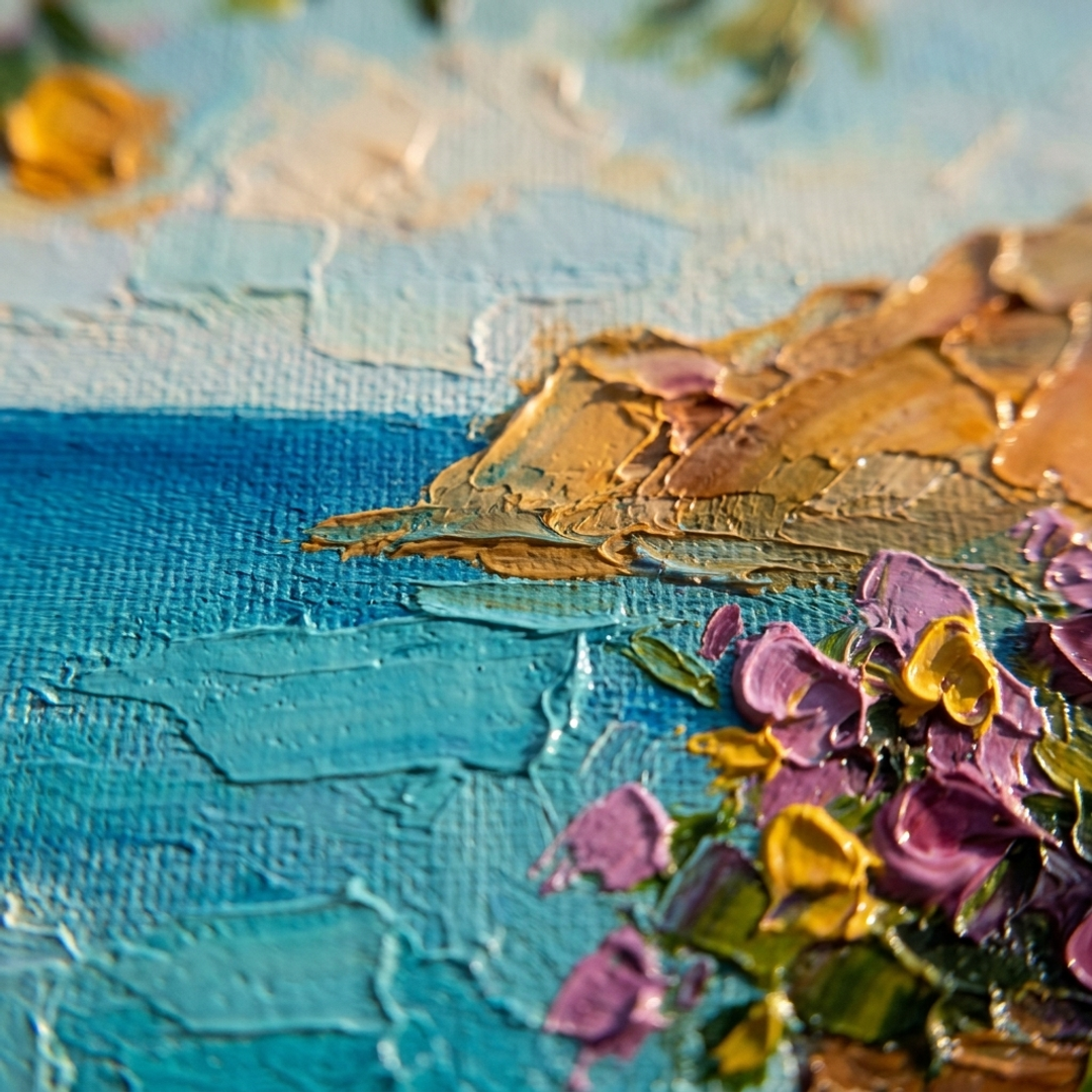 Quadro con vista sulla costa mediterranea con limoni in un atelier artistico – Papilora Premium Art.