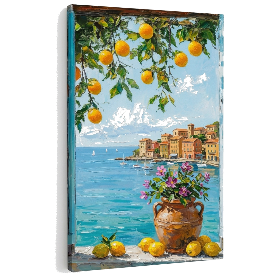Quadro con vista sulla costa mediterranea con limoni su tela – visualizzazione 3D del canvas con telaio in legno visibile, Papilora Premium Art.