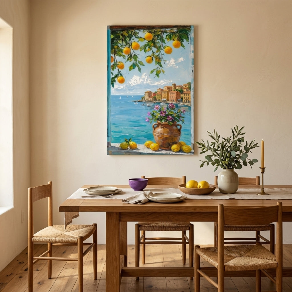Quadro con vista sulla costa mediterranea con limoni in un soggiorno moderno – mockup d'interni, Papilora.