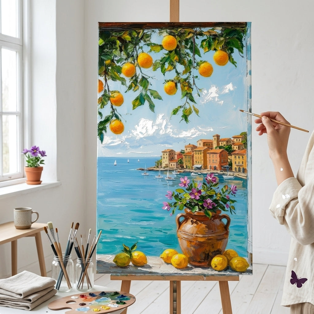 Quadro con vista sulla costa mediterranea con limoni in un interno elegante – mockup d'interni, Papilora.