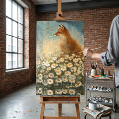 Artista nel laboratorio Papilora al lavoro su un quadro con volpe e margherite, illuminato da luce naturale, creazione artigianale di qualità.