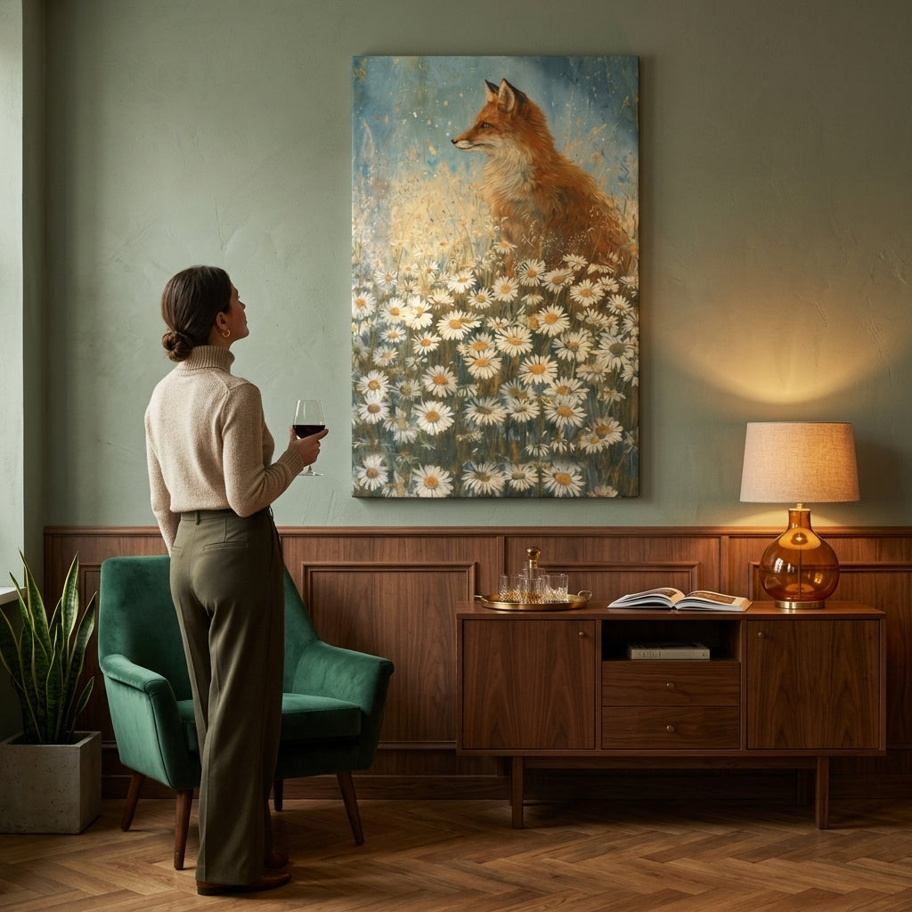 Quadro con volpe tra le margherite in un elegante soggiorno moderno, posizionato sopra una console in legno con decorazioni, stile raffinato.