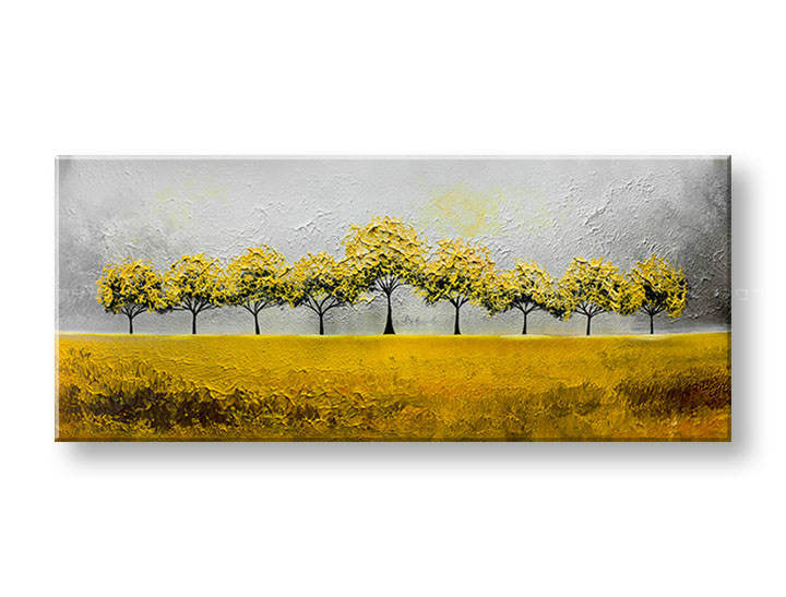 Dipinto a mano su tela di Papilora con alberi gialli su sfondo grigio e giallo.