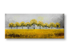 Dipinto a mano su tela di Papilora con alberi gialli su sfondo grigio e giallo.