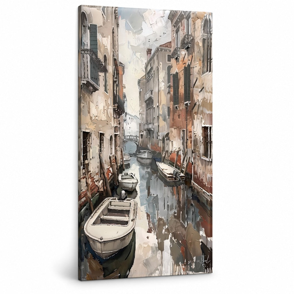 Quadro di un canale veneziano con barche su tela