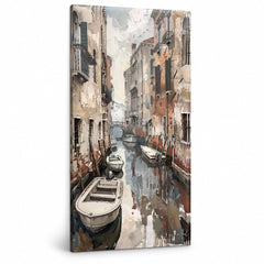 Quadro di un canale veneziano con barche su tela