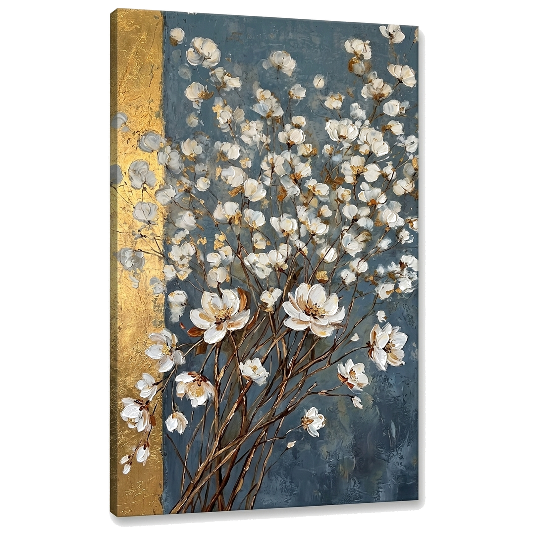 Quadro di un bouquet astratto di fiori bianchi su tela – visualizzazione 3D del canvas con telaio in legno visibile, Papilora Premium Art.