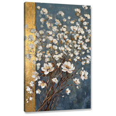 Quadro di un bouquet astratto di fiori bianchi su tela – visualizzazione 3D del canvas con telaio in legno visibile, Papilora Premium Art.