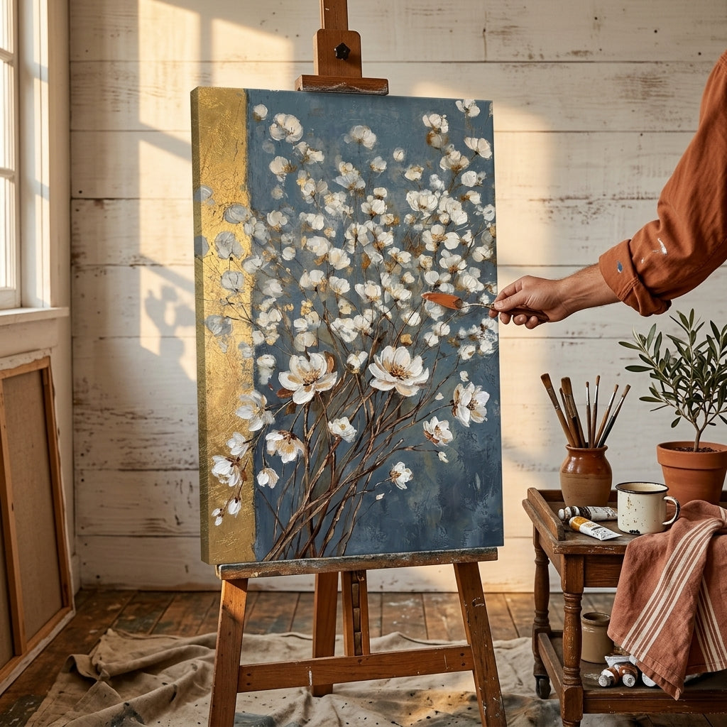 Quadro di un bouquet astratto di fiori bianchi in un interno elegante – mockup d'interni, Papilora.