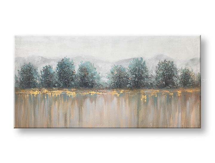 Quadro dipinto a mano Papilora su tela, motivo alberi e natura in tonalità bianco-blu, 140x70 cm, vista 3D frontale, atmosfera serena.