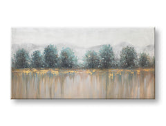 Quadro dipinto a mano Papilora su tela, motivo alberi e natura in tonalità bianco-blu, 140x70 cm, vista 3D frontale, atmosfera serena.
