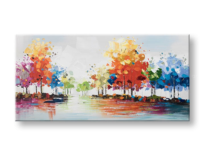 Papilora: Quadro dipinto a mano ALBERI 140x70 cm, con texture materica e colori bianco, beige e grigio, visto in prospettiva 3D.