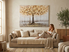 Dipinto su tela ALBERO 120x90 cm che arreda un moderno soggiorno, creando un'atmosfera calda e accogliente con i suoi colori neutri.