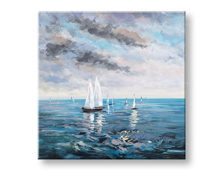 Quadro Papilora dipinto a mano Barche 70x70 cm, vista 3D frontale con texture visibile. Colori predominanti: bianco, grigio, beige. Perfetto per un tocco nautico.