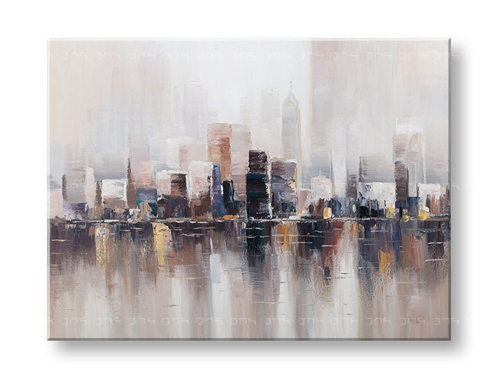 Quadro Papilora dipinto a mano 'Metropoli' 120x90 cm, vista 3D frontale. Dettagli vibranti di una città moderna con sfumature beige, marroni e oro.