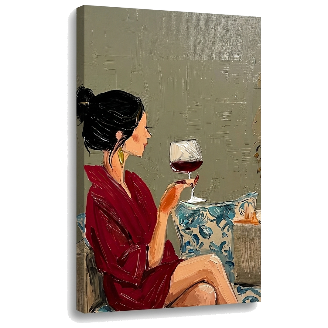 Quadro su tela donna con calice di vino, visualizzazione 3D con telaio in legno a vista, design moderno Papilora Premium Art.