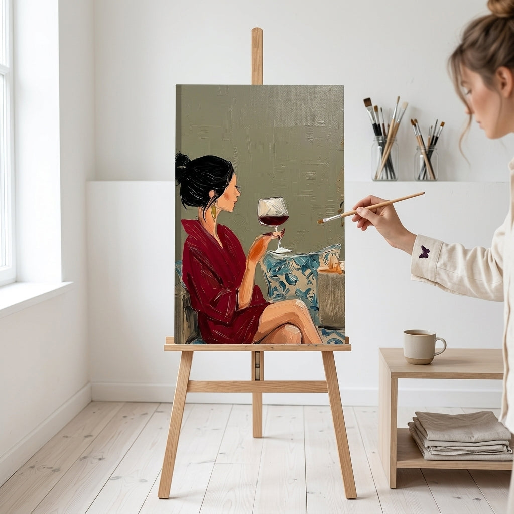 Artista nel laboratorio Papilora al lavoro su un quadro figurativo di una donna con calice di vino, luce naturale.