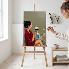 Artista nel laboratorio Papilora al lavoro su un quadro figurativo di una donna con calice di vino, luce naturale.