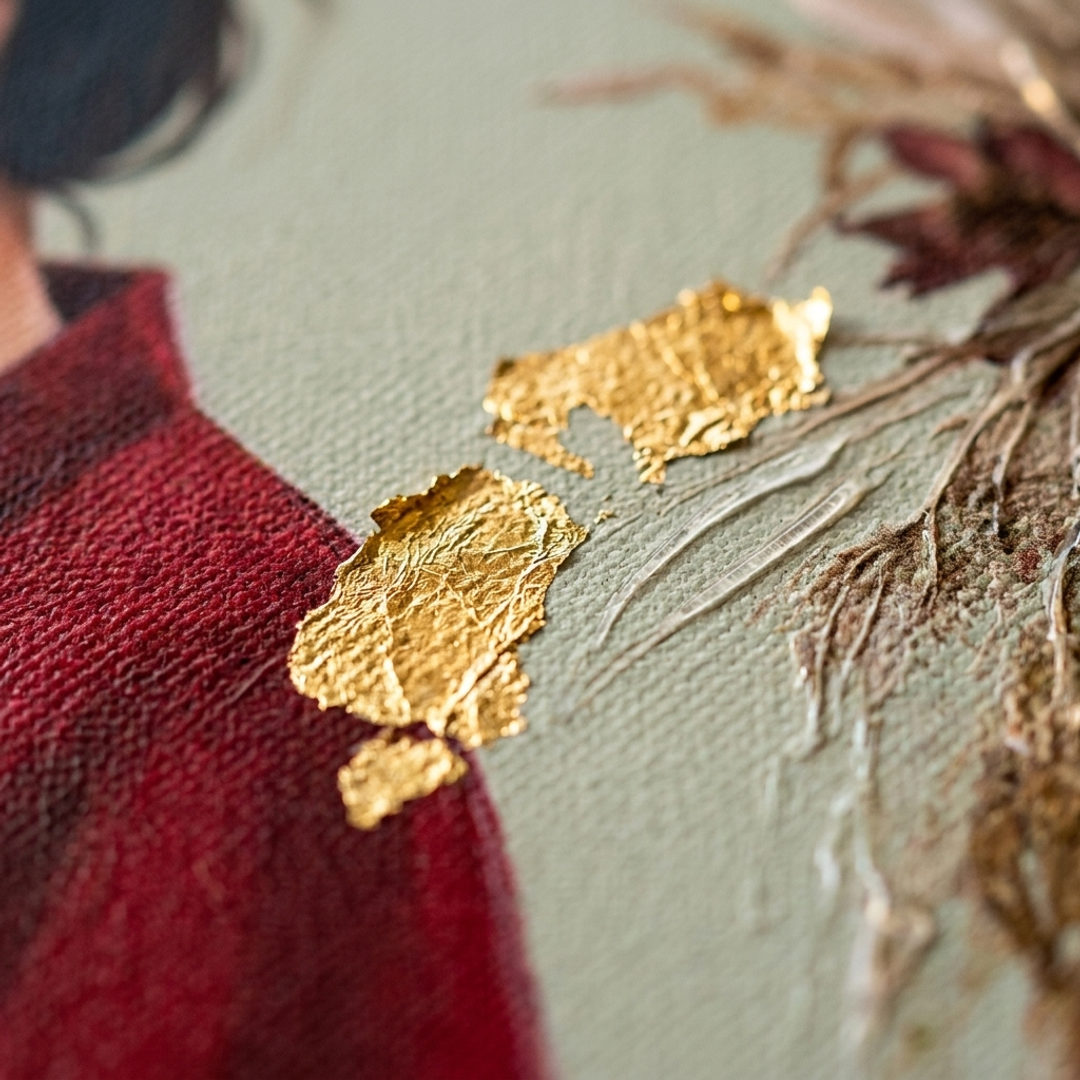 Dettaglio macro delle pennellate impasto dipinte a mano con colori acrilici su tela, texture in rilievo Papilora.