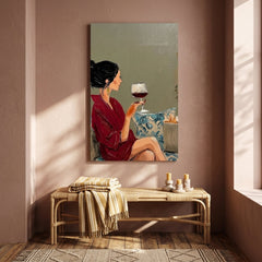 Quadro moderno donna con vino appeso in un elegante soggiorno sopra una consolle in legno con vasi e candele.