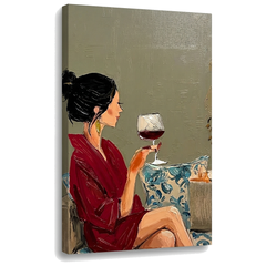 Quadro su tela donna con calice di vino, visualizzazione 3D con telaio in legno a vista, design moderno Papilora Premium Art.