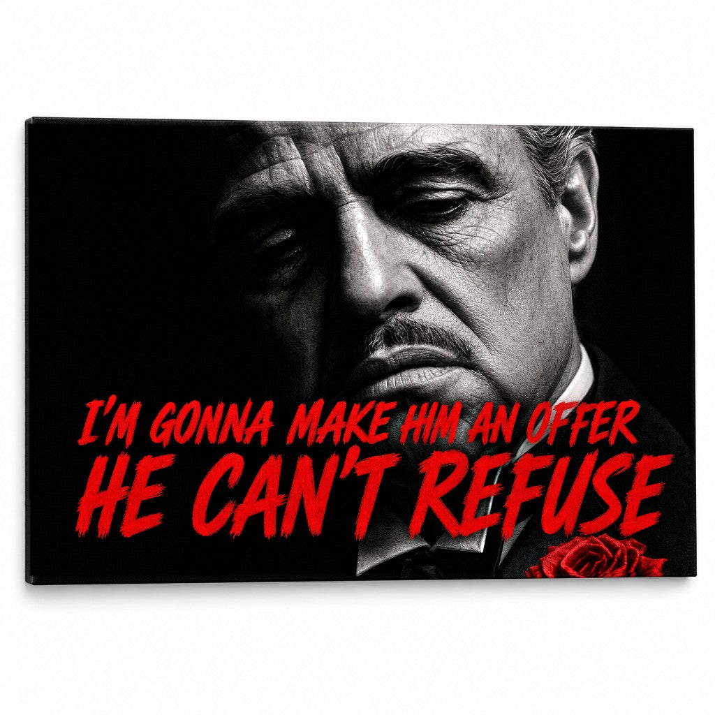 Quadro iconico Il Padrino con Don Vito Corleone e citazione celebre, stampa su tela premium per un arredamento stile cinema, firmato Papilora.