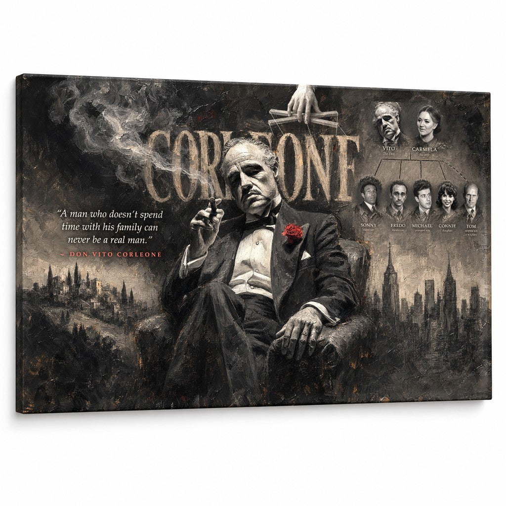 Quadro Il Padrino con Don Vito Corleone e albero genealogico, stampa su tela premium per arredo casa cinematografico di Papilora.