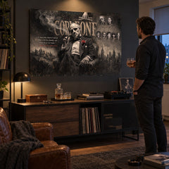 Ritratto di Don Vito Corleone in uno studio maschile, decorazione murale con atmosfera cinematografica e stile sofisticato.