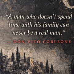 Dettaglio macro della stampa su tela con la celebre citazione del Padrino, alta definizione e texture artigianale dell'opera.