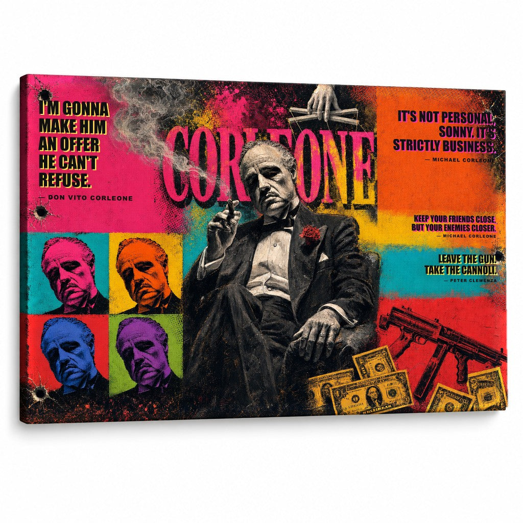 Quadro pop art Il Padrino con Don Vito Corleone e citazioni filmiche su tela di alta qualità Papilora