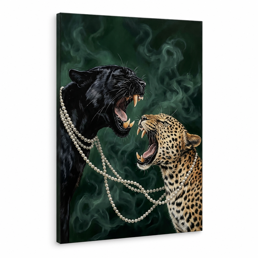 Quadro moderno con pantera nera e leopardo che si fronteggiano con collana di perle, stampa su tela di alta qualità con telaio in legno, stile Papilora.