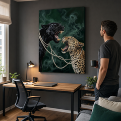 Dettaglio di un quadro con pantera e leopardo in un ambiente studio luminoso, perfetto per aggiungere un tocco di lusso e carattere agli interni.