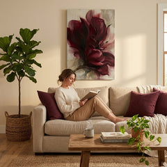Grande quadro con fiore bordeaux appeso in un soggiorno moderno sopra una console in legno, decorazione d'interni raffinata e accogliente.