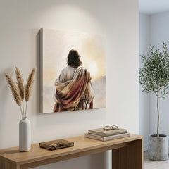 Dettaglio artistico di un quadro spirituale con Gesù Cristo in un ambiente luminoso e raffinato, perfetto per un arredamento d'interni ricercato.