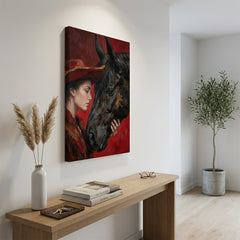 Quadro espressivo donna con cavallo in un interno minimalista chic, illuminato da luce naturale, ideale per arredo casa.