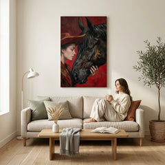 Ritratto artistico donna con cavallo appeso in un elegante soggiorno moderno sopra una console, arredamento raffinato.