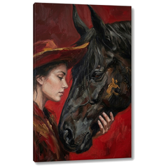 Quadro moderno donna con cavallo su tela, visualizzazione 3D con telaio in legno a vista, stile premium firmato Papilora.