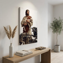 Stampa su tela con motivo spirituale di Gesù e l'agnello, esposta in un ambiente luminoso con design minimalista e moderno.